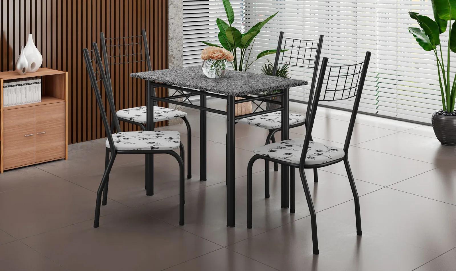 Conjunto Genebra de granito com 4 cadeiras Brisa pretas, em sala