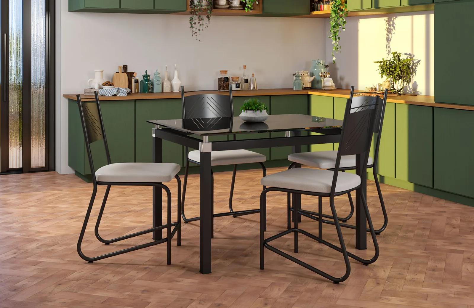 Conjunto Copenhague 1,07 de vidro com 4 cadeiras Marselha pretas, em cozinha
