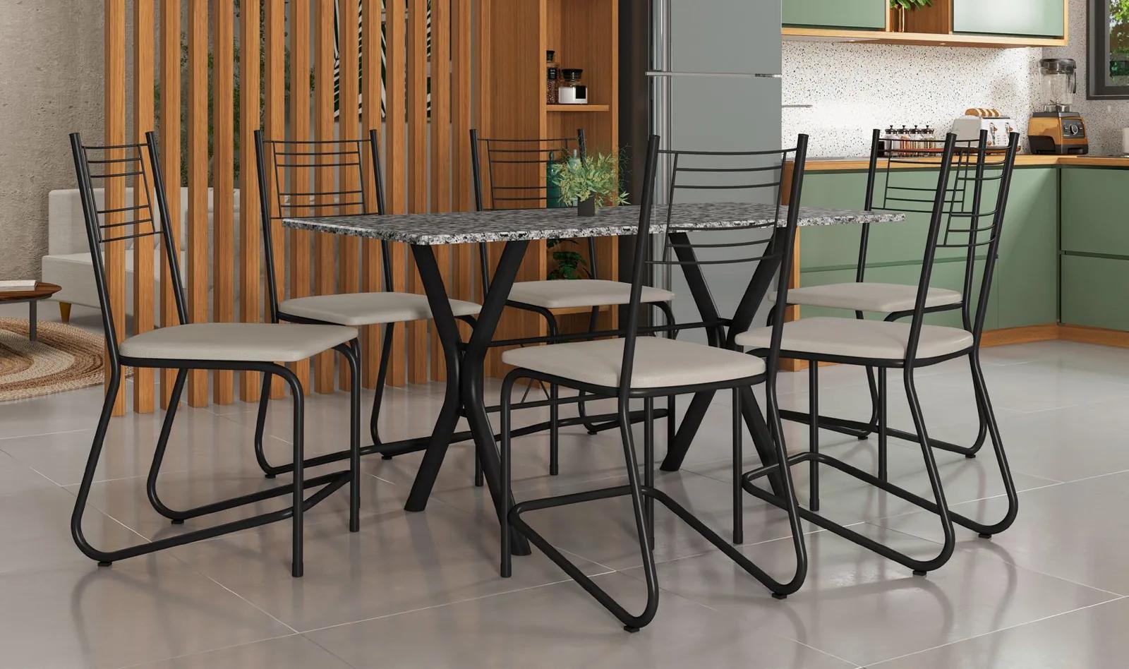 Conjunto Miami 1,50 de granito com 6 cadeiras New Kieve pretas, em cozinha