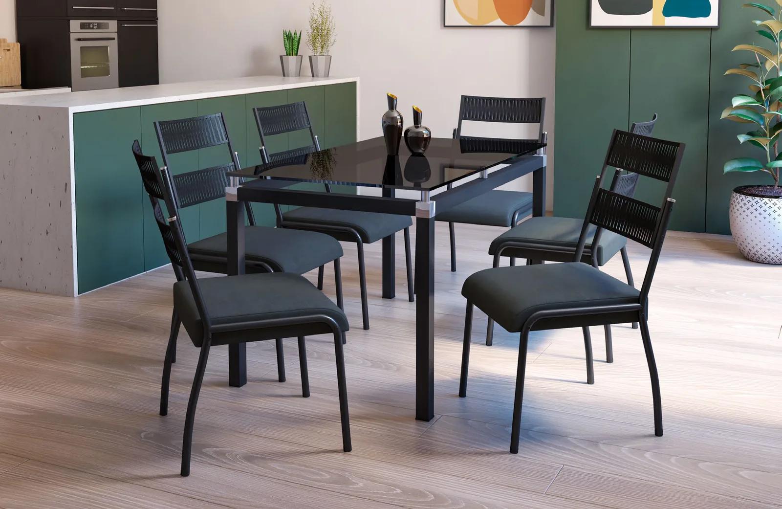 Conjunto Copenhague 1,40 com tampo de vidro e 6 cadeiras Atenas pretas, em sala