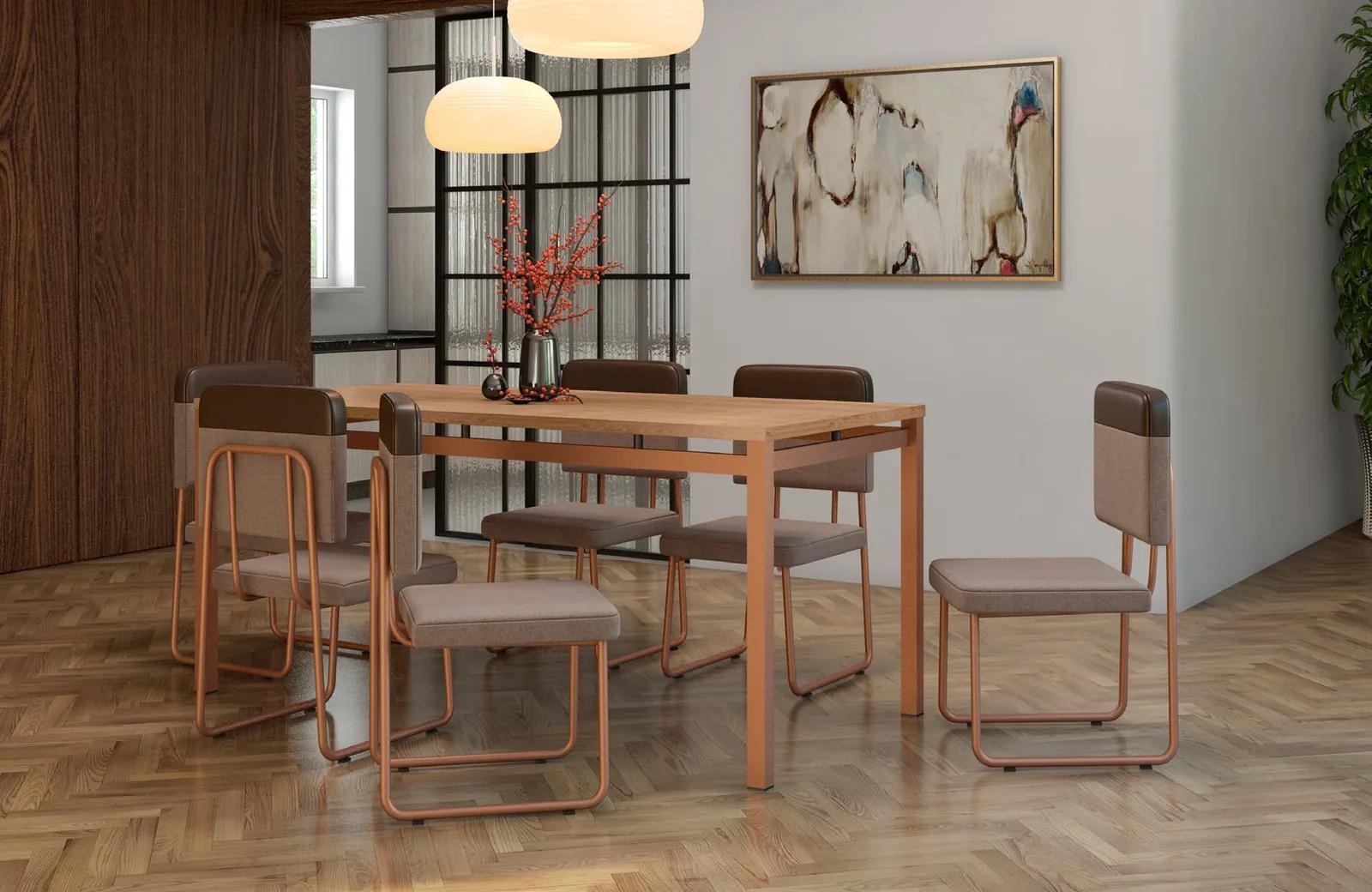 Conjunto Valência 1,70 com 6 cadeiras Marrocos em cobre, em sala de jantar