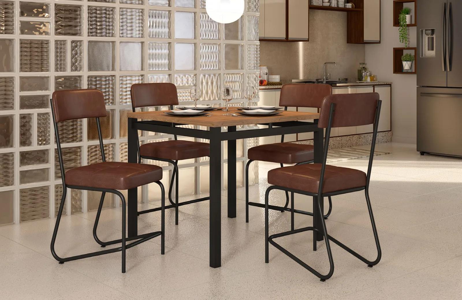 Conjunto Valência 0,90 quadrado com 4 cadeiras Nagoia pretas, em cozinha